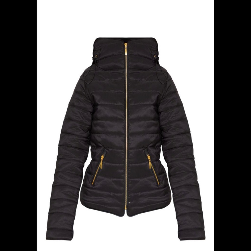 Black puffer Jacket with hood and gold zipper